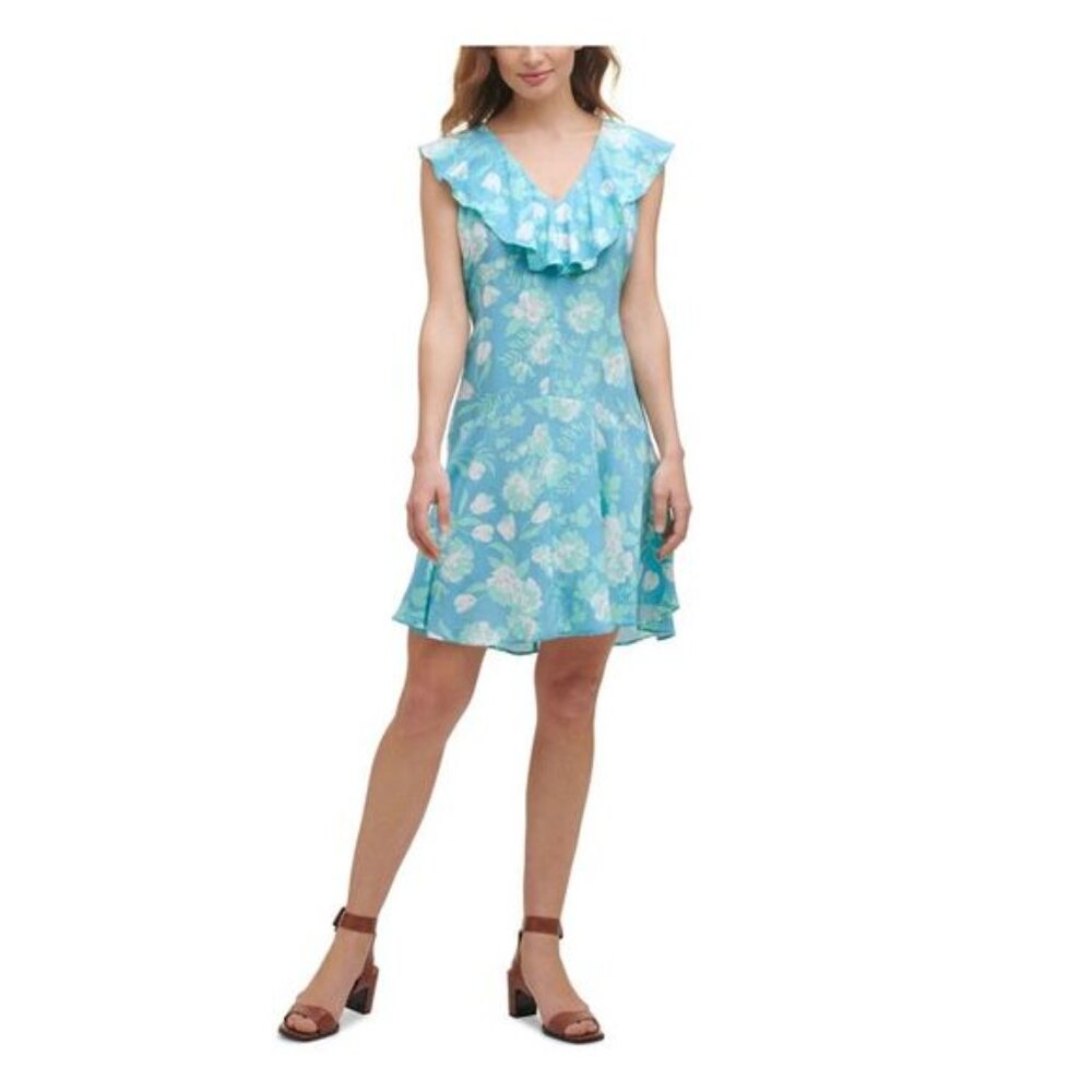 Calvin Klein Blue White Sleeveless Floral Challis Ruffle Hem Dress Lightweight